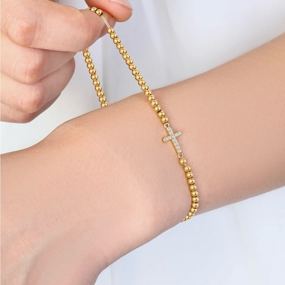 NWT. Mint & Lily. Gold Beaded Cross Bracelet - Picture 3 of 7